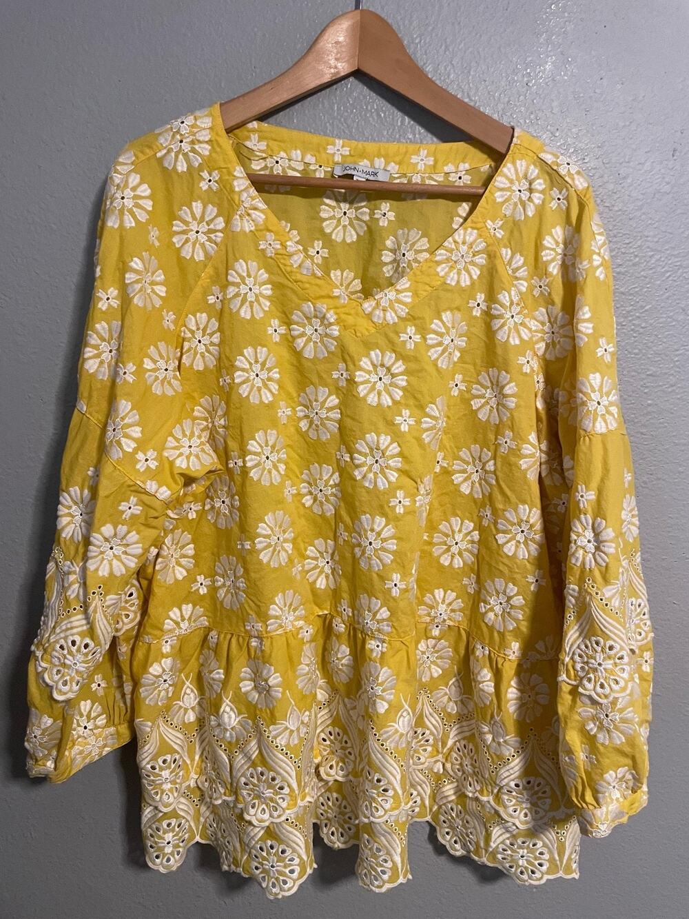 John Mark Tunic Top Womens 3X Yellow Embroidered Floral Eyelet Peasant Boho
